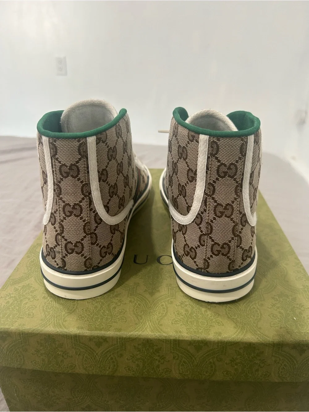 Gucci Men’s GG Canvas High-Top Sneakers in Brown with Green & Red Stripe